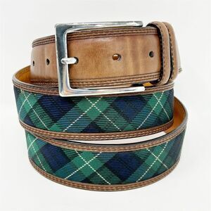 Trafalgar Men's Blue and Green Plaid Dress Brown Leather Belt Size 42